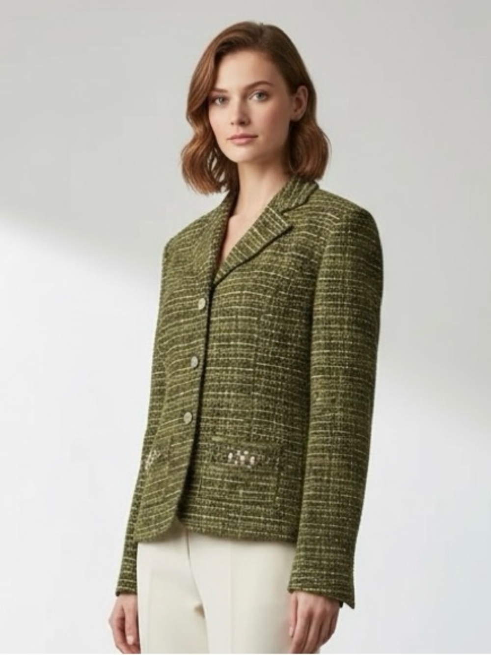 EUC Coldwater Creek Olive Green Tweed Embellished Women's Blazer Jacket, Sz PS